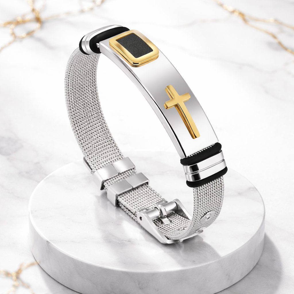 Aurum Cross Mesh Cuff Bracelet, 925 Sterling Silver, Pure Gold Plated