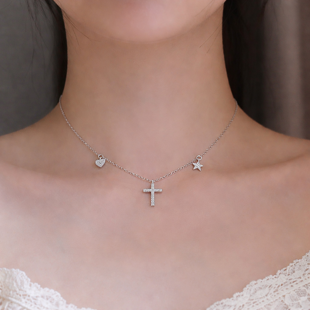 Cross Necklace with Heart & Star Charms, 925 Sterling Silver