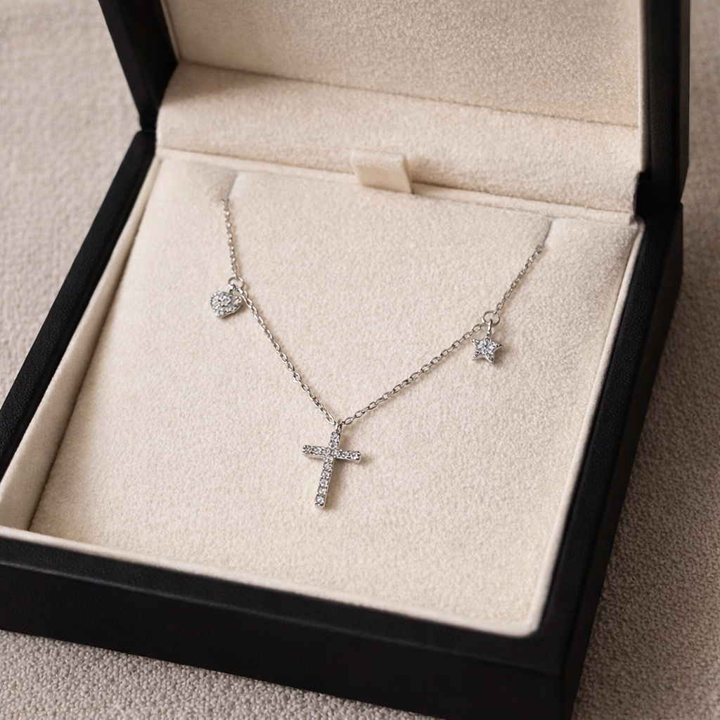 Cross Necklace with Heart & Star Charms, 925 Sterling Silver