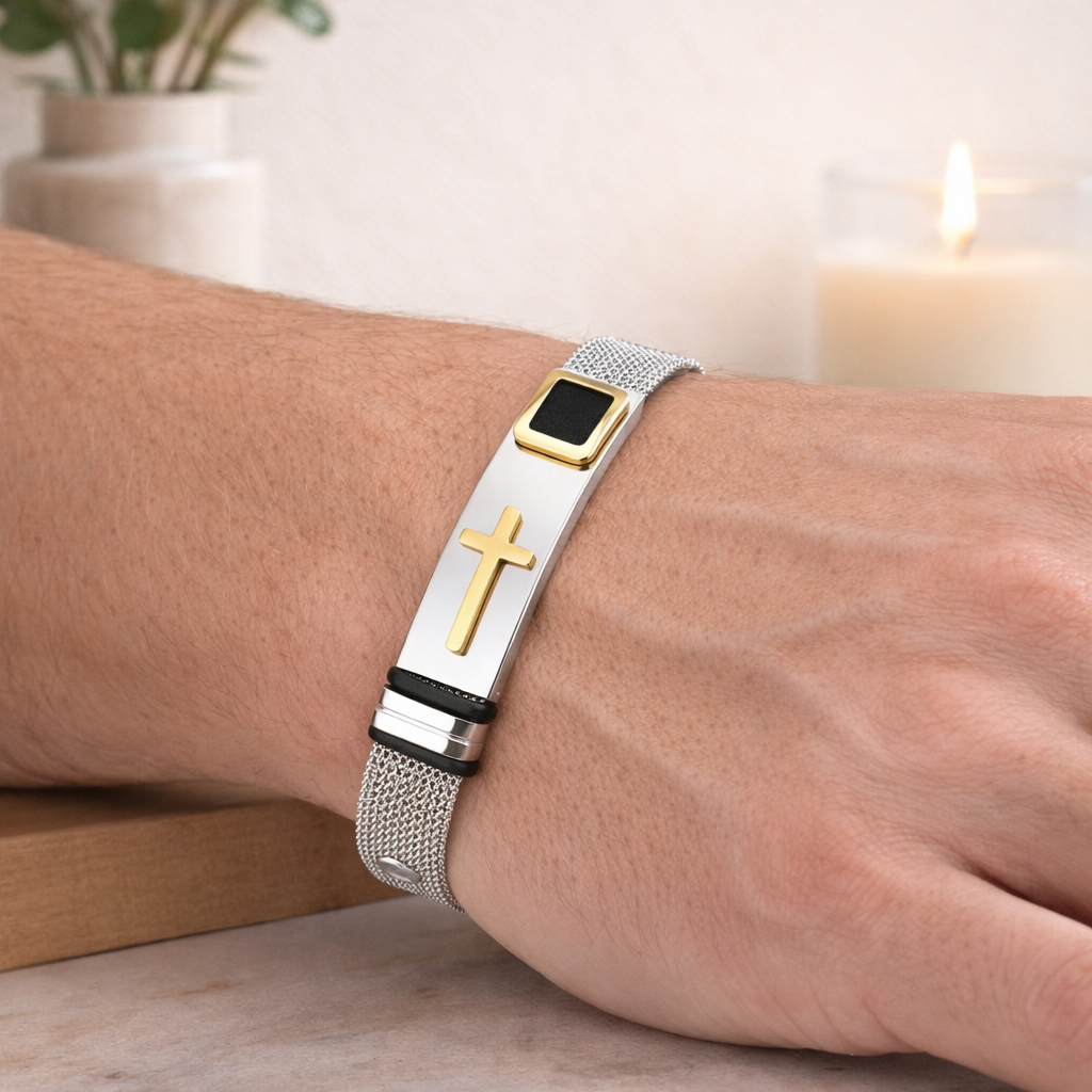 Aurum Cross Mesh Cuff Bracelet, 925 Sterling Silver, Pure Gold Plated