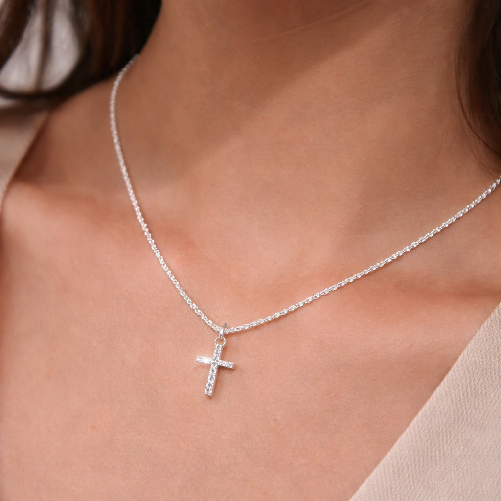 Lumière Cross Pendant Necklace, Brilliant Stone Set — 925 Sterling Silver