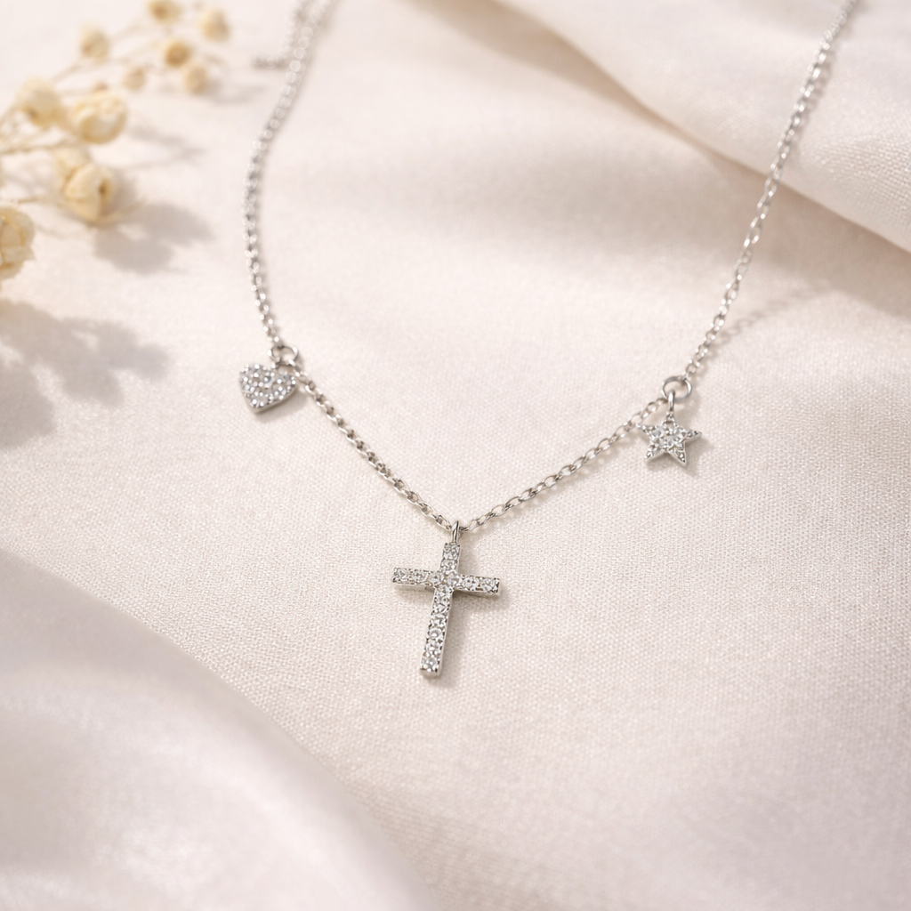 Cross Necklace with Heart & Star Charms, 925 Sterling Silver