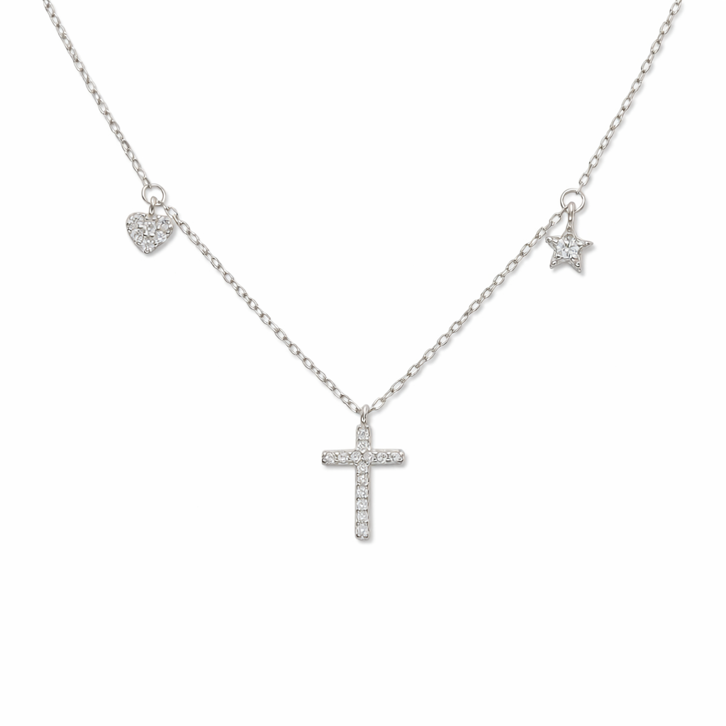 Cross Necklace with Heart & Star Charms, 925 Sterling Silver